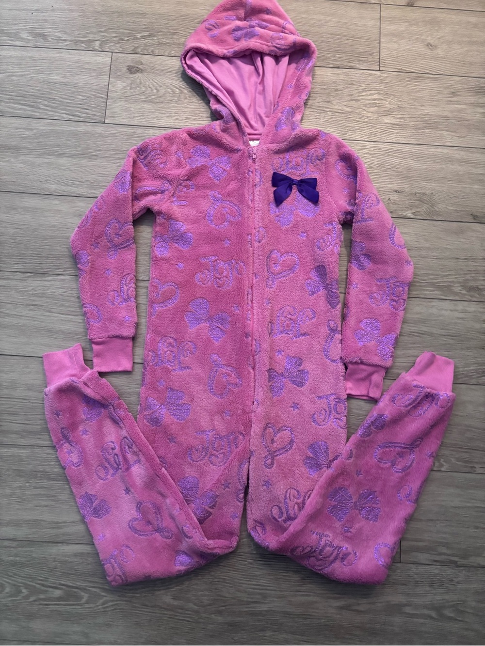 JoJo Siwa Pink Hooded Fleece One-Piece Pajamas with Purple Accents